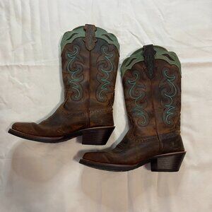 Justin Boots Brown Teal Calve Height Cowboy Boots | Size 6.5